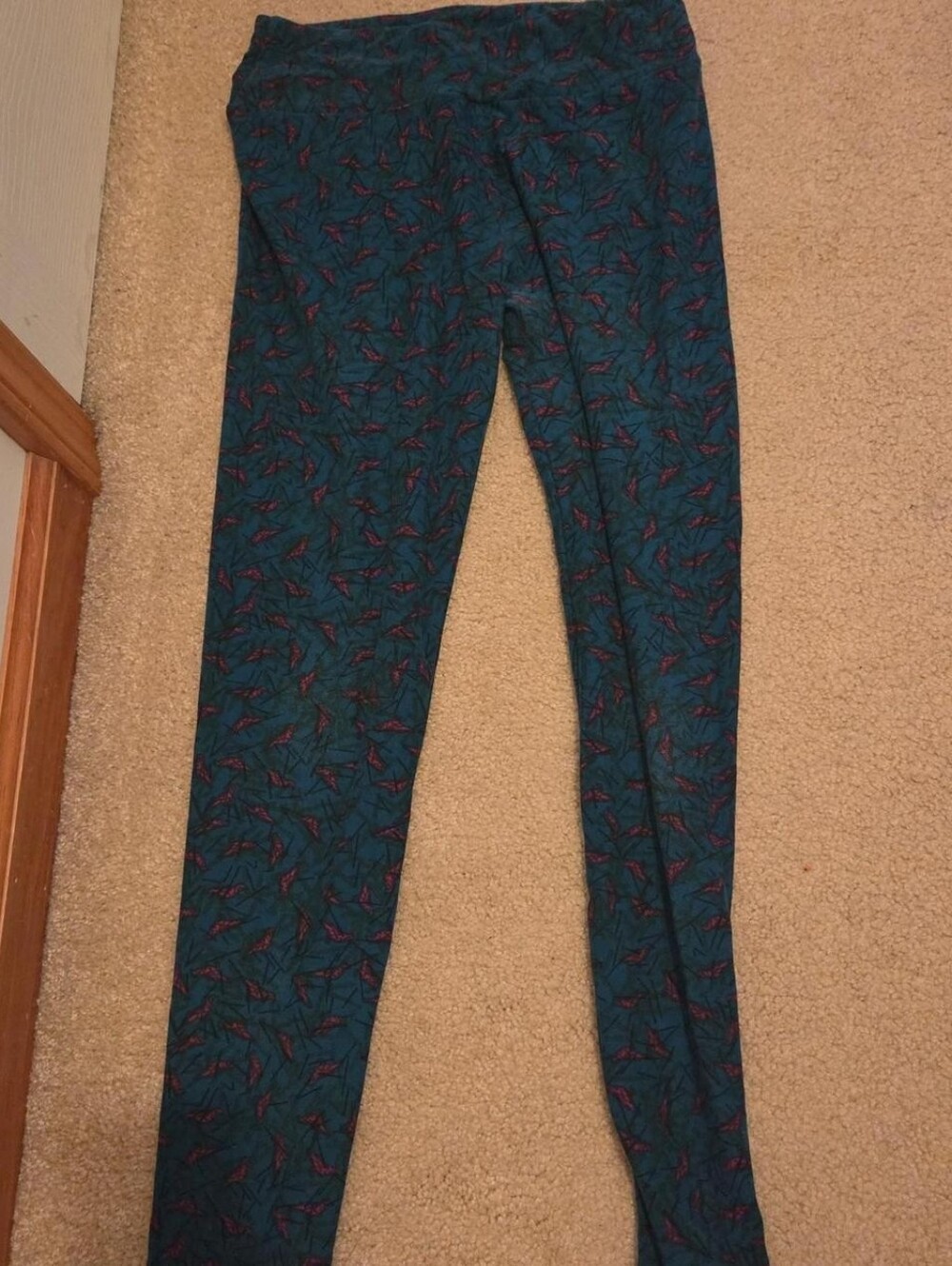 LuLaRoe Teal Leggings with Burgundy Leaf Print